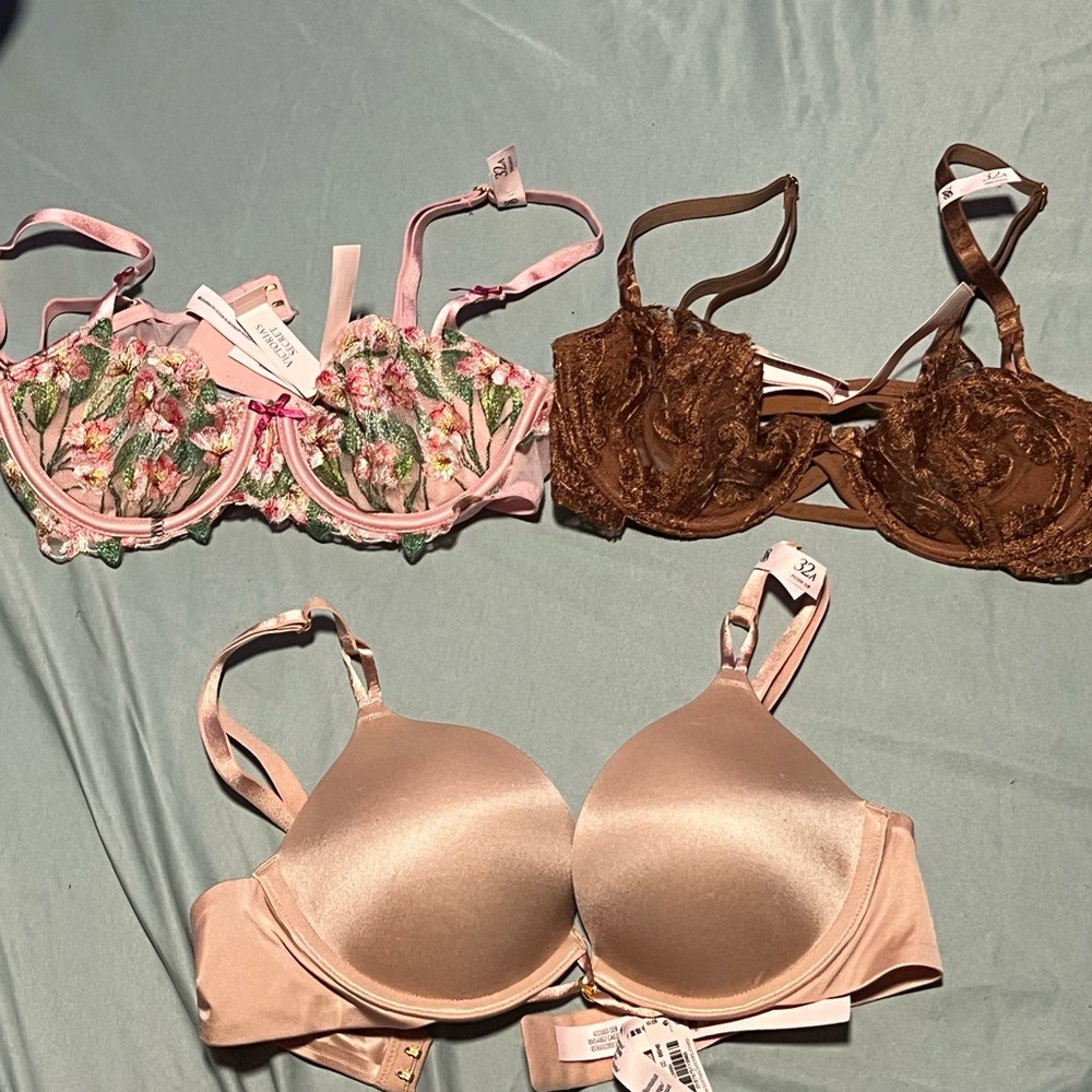 Floral Pink, Lace Brown, and Satin Tan 3 piece Bra bundle